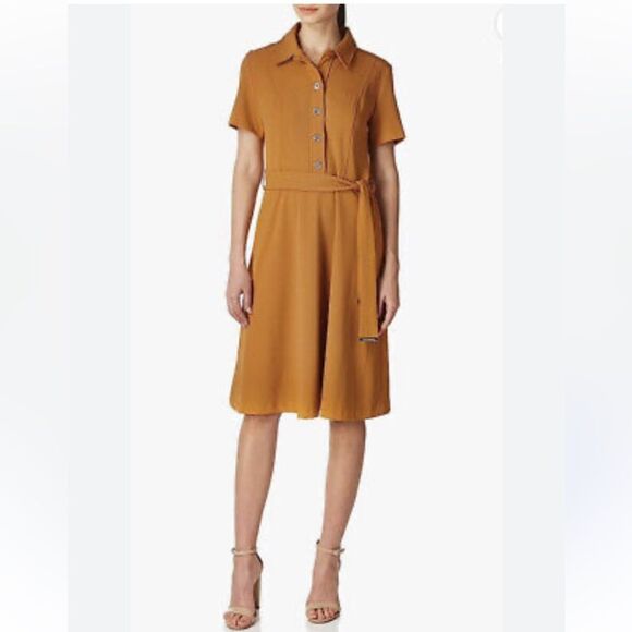 Take 50% OFF- Tommy Hilfiger Yellow Belted Brown Button Front Midi Dress, Size-8 - Picture 1 of 9